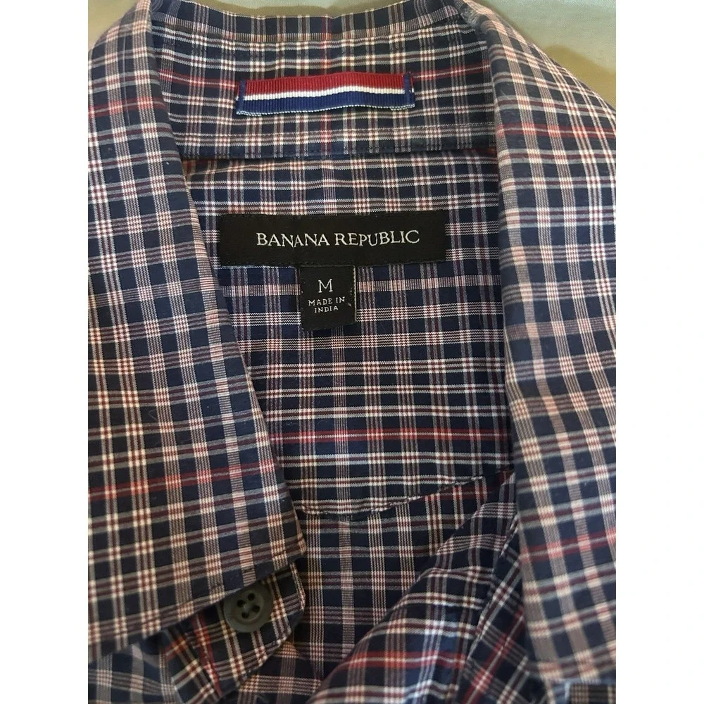 Banana Republic Mens Medium Plaid Western Snap Button Shirt Blue Red Long Sleeve